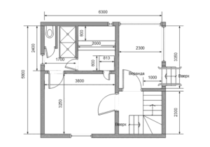 Планировка бани 4x6 с верандой и лестницей на второй этаж